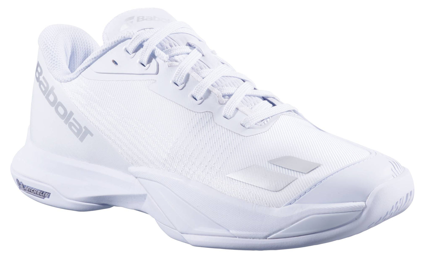 The Babolat Jet Mach 4 All Court Women's Tennis Shoes in White/Silver feature a mesh upper, lace-up closure, and textured sole for enhanced agility on court.