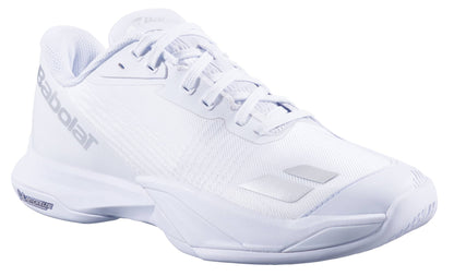 The Babolat Jet Mach 4 All Court Women's Tennis Shoes in White/Silver feature a mesh upper, lace-up closure, and textured sole for enhanced agility on court.