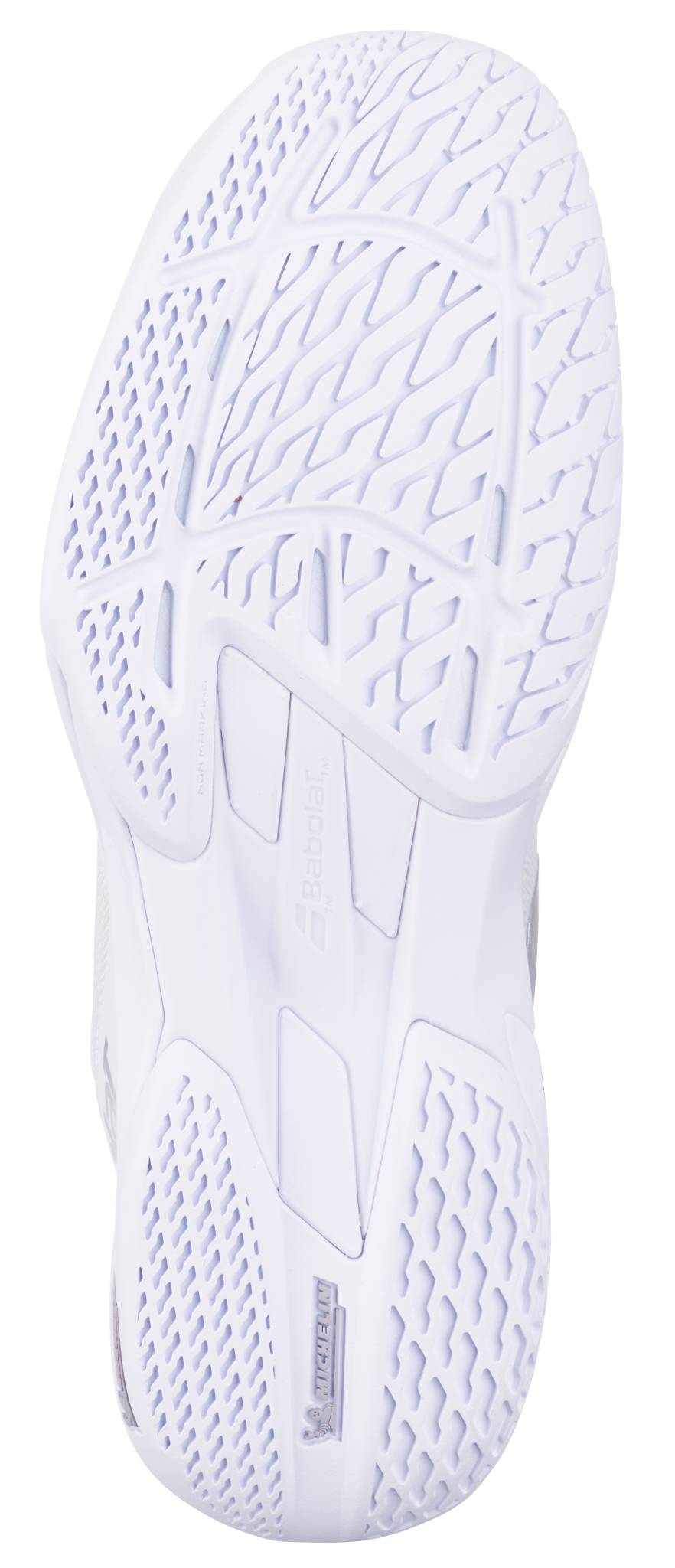 Close-up of the white sole on the Babolat Jet Mach 4 All Court Women's Tennis Shoes in White/Silver, highlighting textured patterns, grooves, and grid-like designs for agility. The Babolat logo appears at the center.