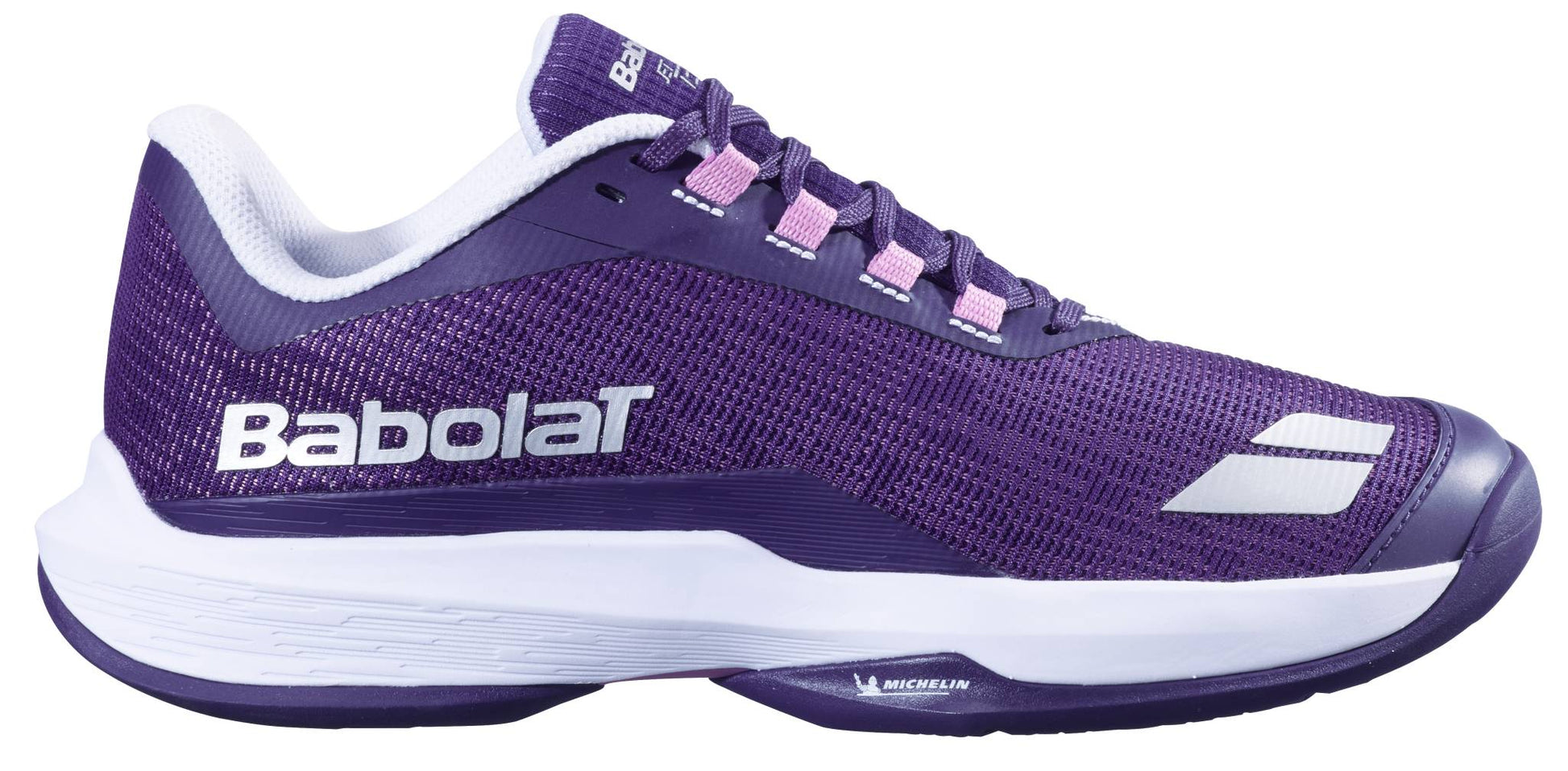 The Babolat Jet Tere 2 All Court Women's Tennis Shoes in dark purple and silver offer ultra-lightweight comfort, breathable mesh, white midsole, light purple lace loops, and white Babolat branding for stability during sports.