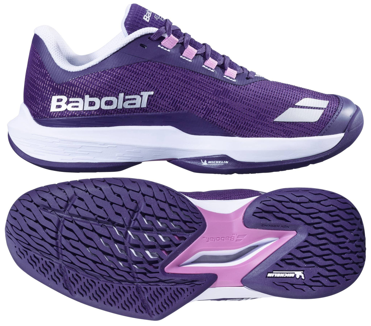 The Babolat Jet Tere 2 All Court Women's Tennis Shoes in dark purple and silver feature a breathable mesh upper and distinctive sole tread, showcased from side and bottom angles to highlight their lightweight design.