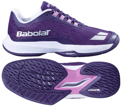 The Babolat Jet Tere 2 All Court Women's Tennis Shoes in dark purple and silver feature a breathable mesh upper and distinctive sole tread, showcased from side and bottom angles to highlight their lightweight design.