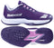 The Babolat Jet Tere 2 All Court Women's Tennis Shoes in dark purple and silver feature a breathable mesh upper and distinctive sole tread, showcased from side and bottom angles to highlight their lightweight design.