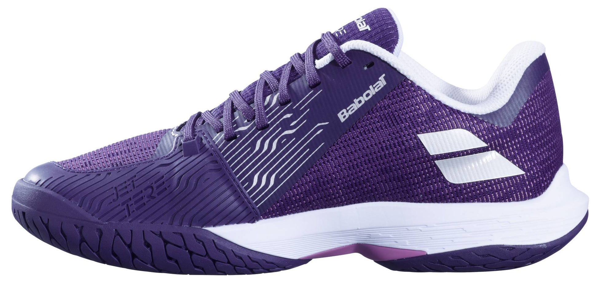 The Babolat Jet Tere 2 All Court Women's Tennis Shoes in dark purple with silver accents feature a textured sole, breathable mesh and synthetic upper, lace-up design, white cushioned collar, and signature Babolat branding.
