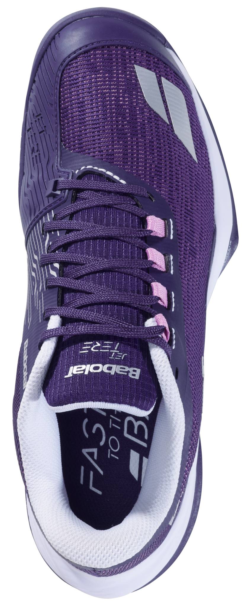Top view of the Babolat Jet Tere 2 All Court Women’s Tennis Shoe in dark purple/silver with white sole, light pink and silver accents, “Babolat” branding on tongue and side, plus "FAST TO THE BAS" printed inside. Breathable mesh ensures comfort.
