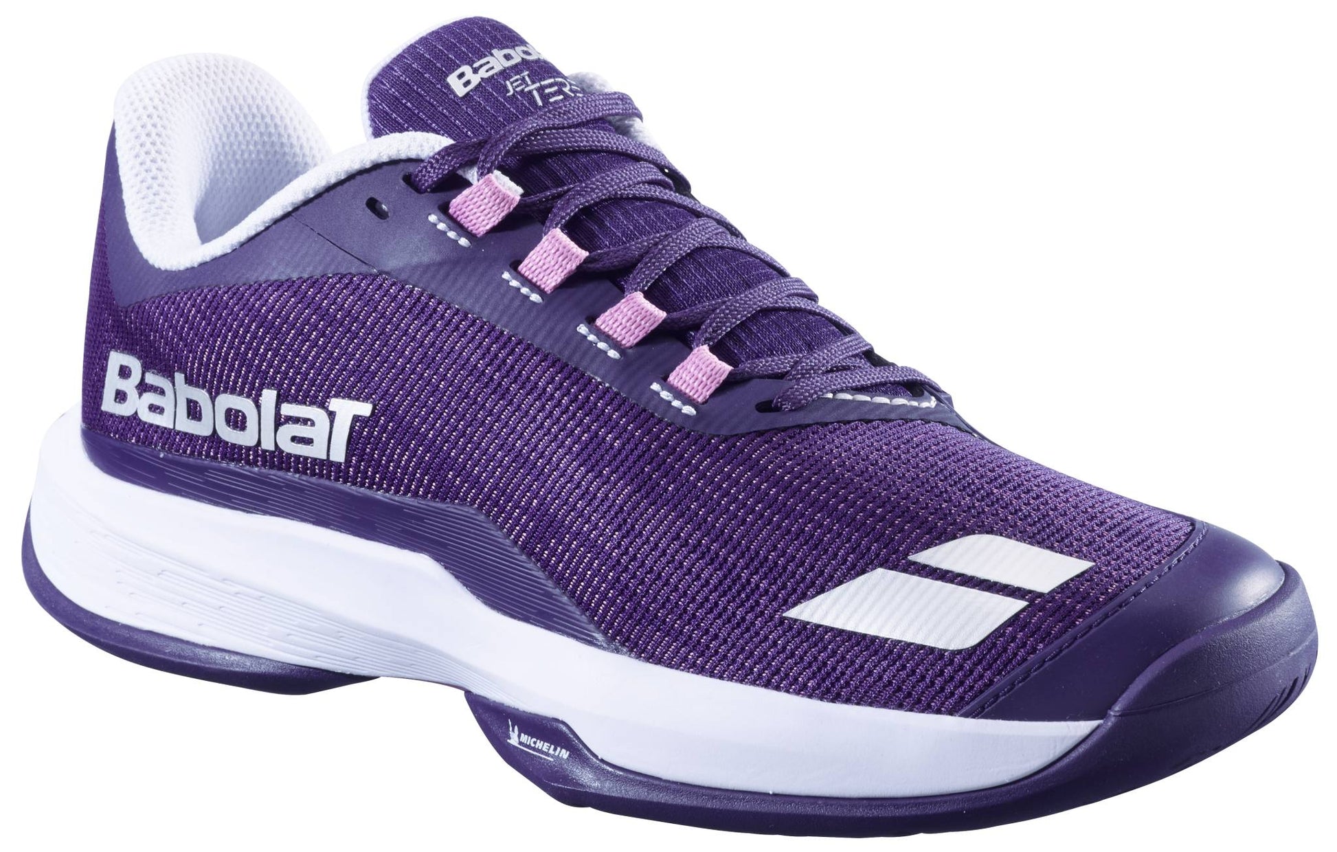 The Babolat Jet Tere 2 All Court Women's Tennis Shoes in dark purple and silver feature a lightweight mesh upper, white sole, pink lace eyelets, white inner lining, and Babolat logos on the side and toe.