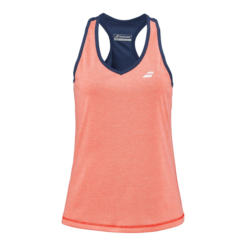 The Babolat Play Women's Tennis Tank Top in Fluo Strike and Estate Blue provides excellent freedom of movement with its sleeveless design. Made from Fiber Dry-polyester, it showcases a vibrant coral front with navy blue trim along the neckline and straps, finished off with a small white logo on the chest for a sporty touch.