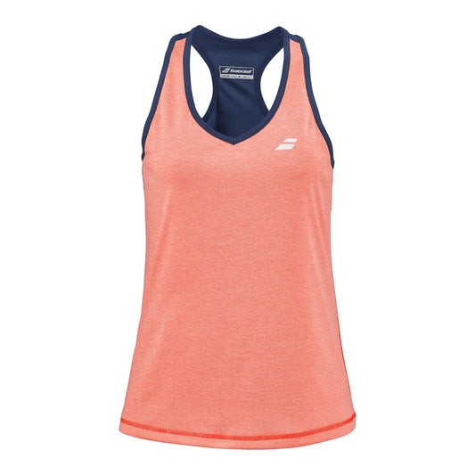 The Babolat Play Women's Tennis Tank Top in Fluo Strike and Estate Blue provides excellent freedom of movement with its sleeveless design. Made from Fiber Dry-polyester, it showcases a vibrant coral front with navy blue trim along the neckline and straps, finished off with a small white logo on the chest for a sporty touch.