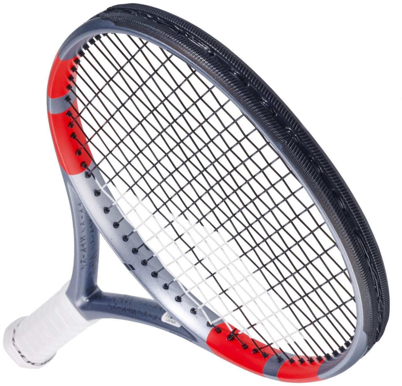 A close-up of the Babolat Pure Strike Lite Gen4 Tennis Racket in Carbon Grey, showing its lightweight frame with red accents, black strings, and a white grip, displayed on a white background.