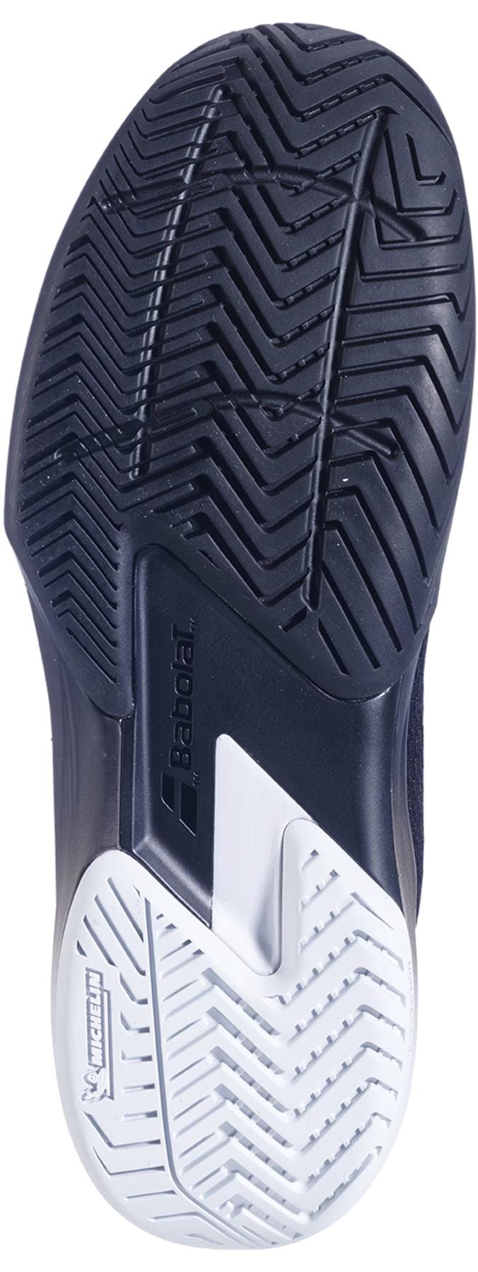 Close-up of the Babolat SFX 4 All Court Men's Tennis Shoe sole in Black/Illusion Blue, showing a herringbone tread for grip, Michelin logo, and an all-court comfort design.