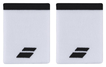 The Babolat Jumbo Logo Wristbands in white and black showcase the brand's logo prominently at the lower center. Crafted from textured, absorbent fabric, these wristbands are designed with a black stripe along the top edge to ensure effective perspiration control against their pristine white backdrop.