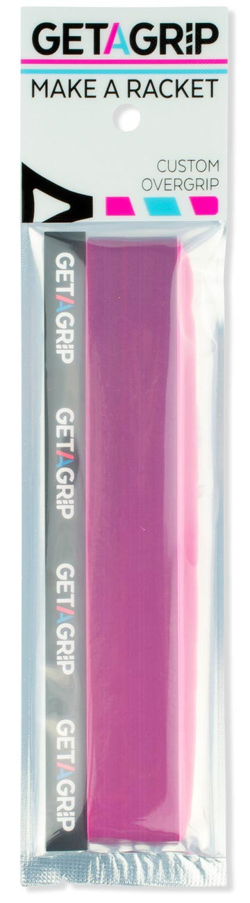 The Get a Grip Tennis Overgrip - Cascade by Get A Grip features bold “GET A GRIP” and “MAKE A RACKET” text on stylish black and pink packaging—an ideal, high-quality tennis racket overgrip gift.