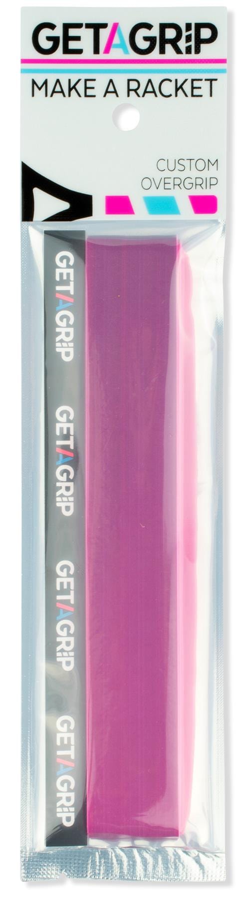 The Get a Grip Tennis Overgrip - Cascade by Get A Grip features bold “GET A GRIP” and “MAKE A RACKET” text on stylish black and pink packaging—an ideal, high-quality tennis racket overgrip gift.