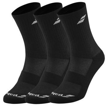 Displayed side by side, the Babolat Long 3 Pack Tennis Socks in black feature a crew-length design with ribbed cuffs and a subtle logo near the top. Crafted for comfort, each sock includes reinforced heel and toe areas to enhance durability and breathability.
