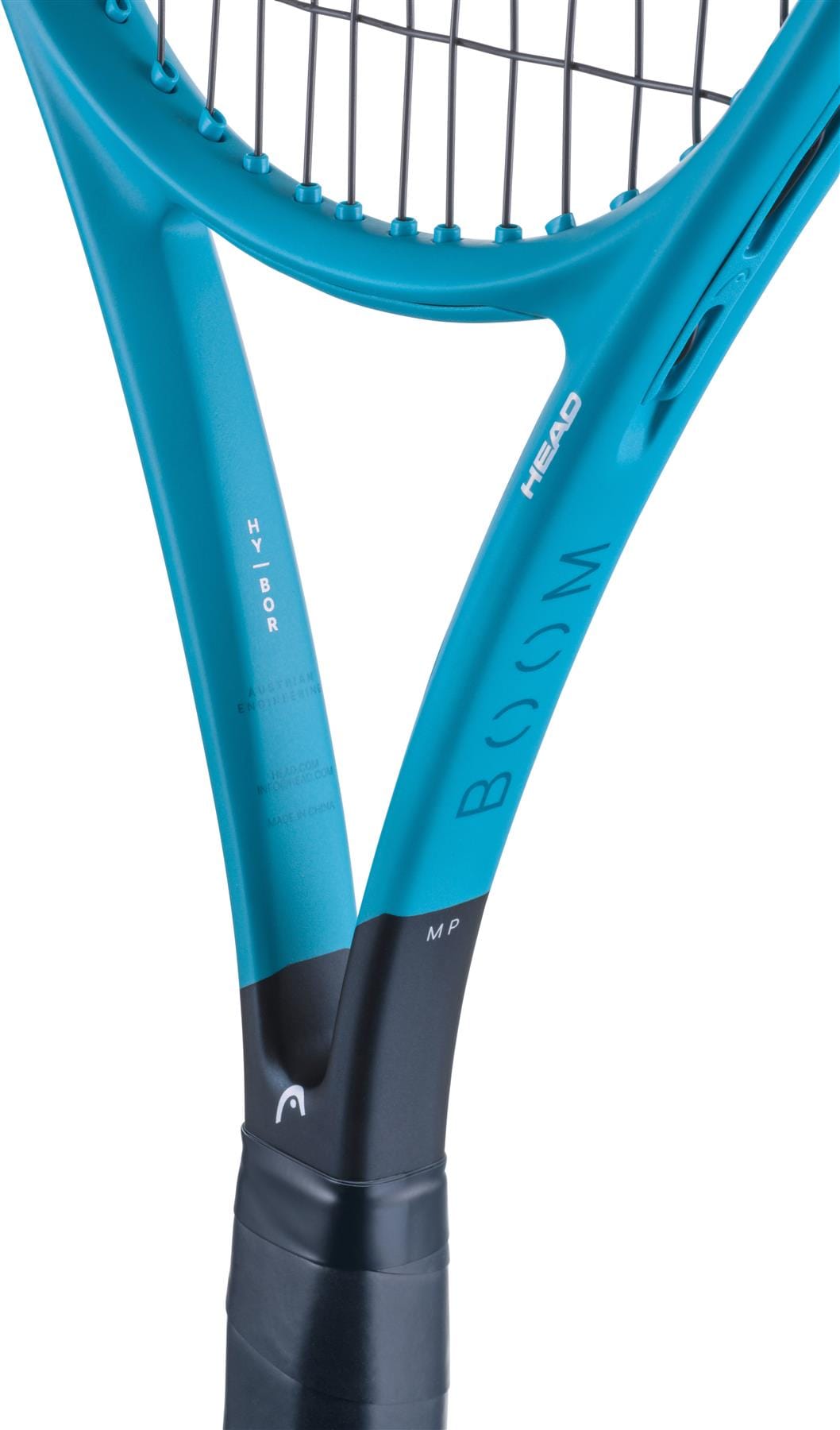 Close-up of the HEAD Boom MP 2026 Tennis Racket, featuring a blue frame with "BOOM" and "HYBRID" on the throat and a black grip, exemplifying the power and innovation of this HEAD performance racket.