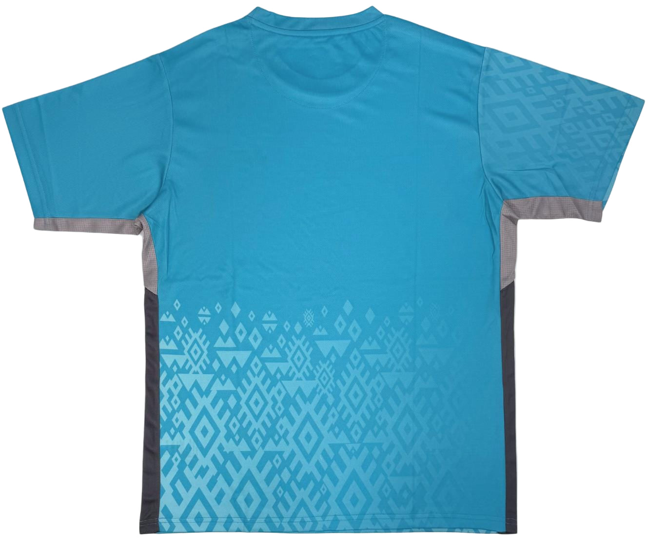 The Yonex YTM11 Men's Tennis T-Shirt - Blue Sea features gray side panels and cuffs, quick-dry Air-Release fabric, and a lighter blue geometric pattern on the lower half. Shown flat with the back visible.
