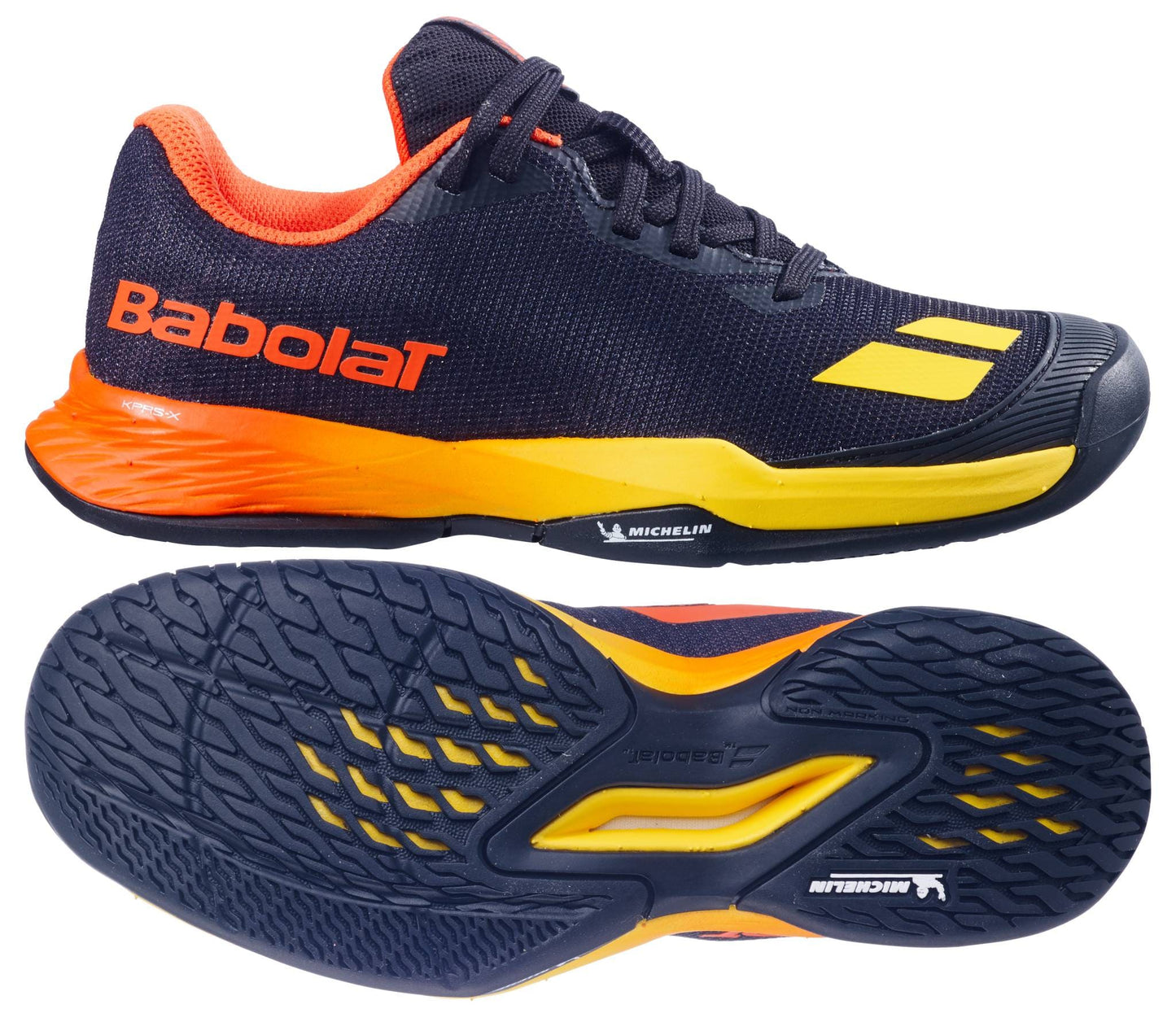 The Babolat Jet Mach 3 Junior All Court Boys Tennis Shoes in Black/Sunset, shown from the side and bottom, feature lightweight design, textured tread, and Michelin branding on the sole.