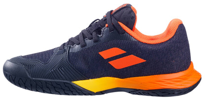The Babolat Jet Mach 3 Junior All Court Boys Tennis Shoes in Black/Sunset feature black laces, an orange interior and accents, a yellow-orange gradient sole, and a lightweight design—ideal for sports or casual wear.