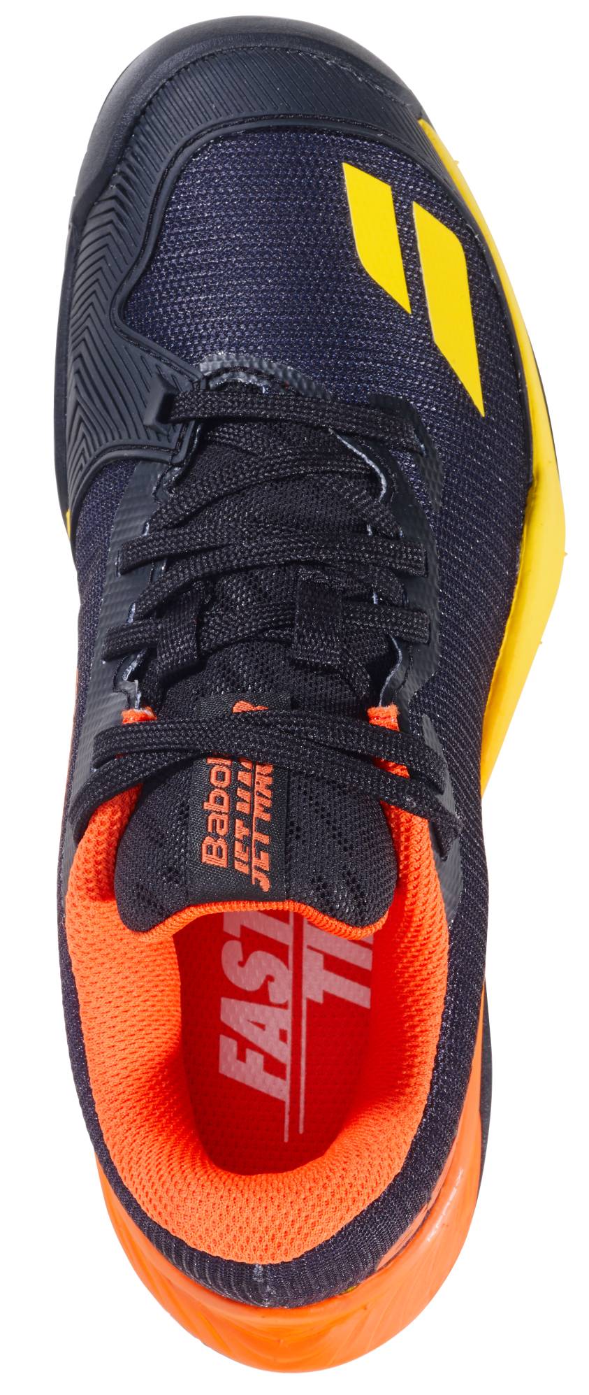 Top view of the Babolat Jet Mach 3 Junior All Court Boys Tennis Shoes in Black/Sunset, featuring yellow accents, orange lining, black laces, and an insole with "Babolat FAST" printed in white and red.