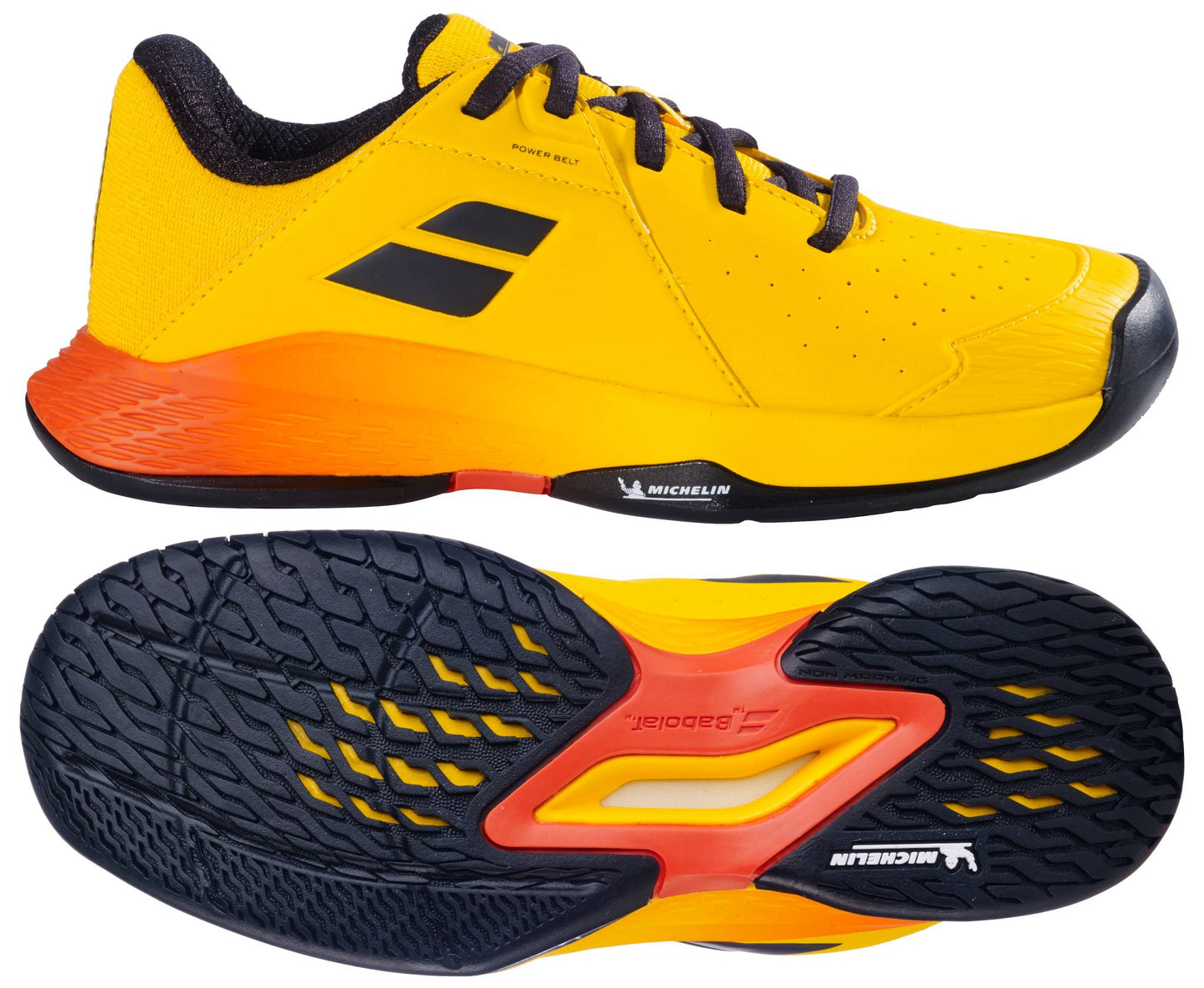The Babolat Propulse Junior 3 All Court Boys Tennis Shoes in Yellow/Sunset, shown from side and bottom views, feature black accents, black soles, and a Michelin outsole with textured grip.