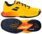 The Babolat Propulse Junior 3 All Court Boys Tennis Shoes in Yellow/Sunset, shown from side and bottom views, feature black accents, black soles, and a Michelin outsole with textured grip.