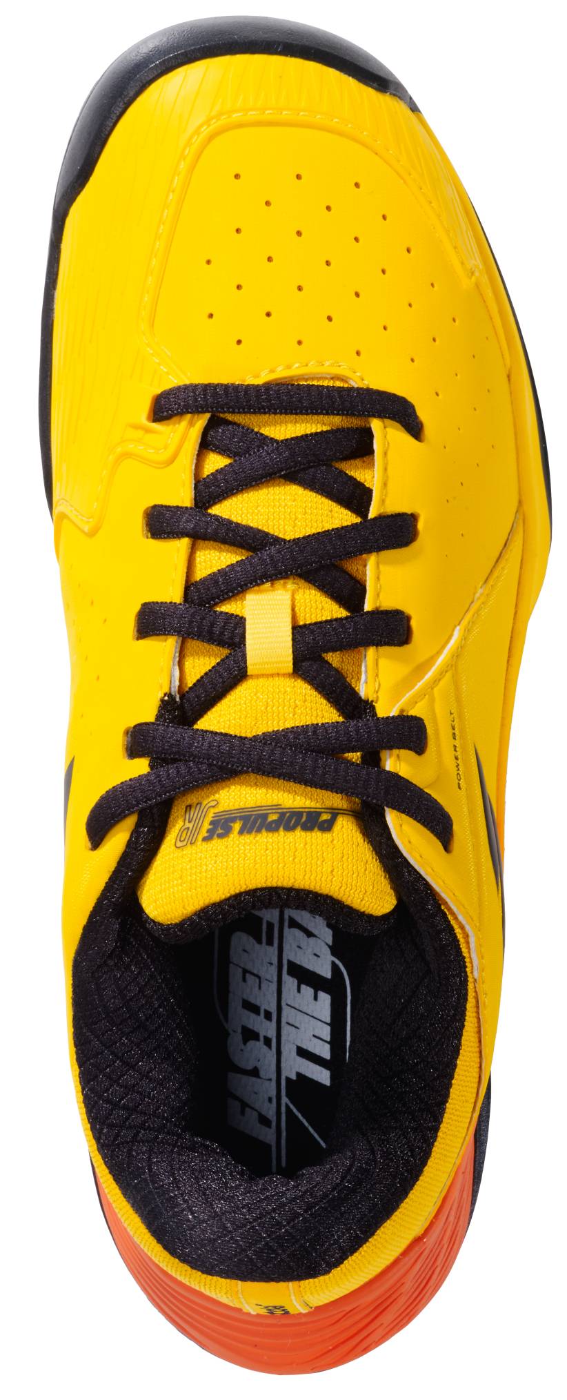 A top-down view of the Babolat Propulse Junior 3 All Court Boys Tennis Shoe in vibrant yellow and sunset, featuring black laces, black lining, orange heel detail, a perforated toe, and a visible Babolat logo on the insole.