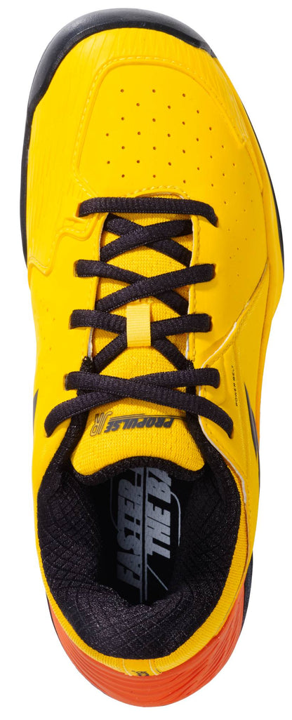 A top-down view of the Babolat Propulse Junior 3 All Court Boys Tennis Shoe in vibrant yellow and sunset, featuring black laces, black lining, orange heel detail, a perforated toe, and a visible Babolat logo on the insole.