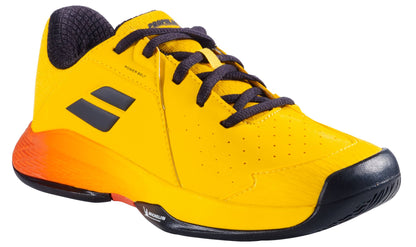 The Babolat Propulse Junior 3 All Court Boys Tennis Shoes in Yellow/Sunset feature black laces, black accents, a red-orange gradient sole, perforated toe, side slashes, and a durable Michelin outsole for active play.