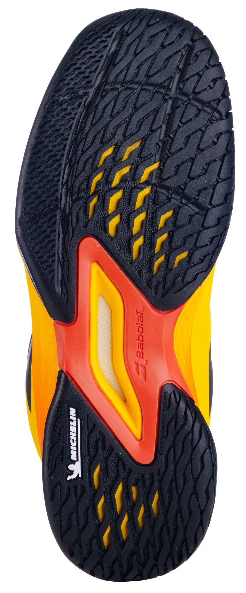 Close-up of the Michelin outsole on the Babolat Propulse Junior 3 All Court Boys Tennis Shoes - Yellow / Sunset, with black textured rubber tread, yellow accents, red and yellow midsole, plus visible Babolat and Michelin logos.