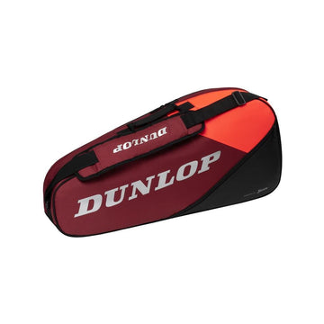 The Dunlop CX Performance 3 Tennis Racket Bag in black and red features a bold design with an orange accent. It is expertly crafted to fit your tennis rackets perfectly, offering an accessory pocket and adjustable shoulder strap, with the "Dunlop" brand name prominently displayed in white letters.
