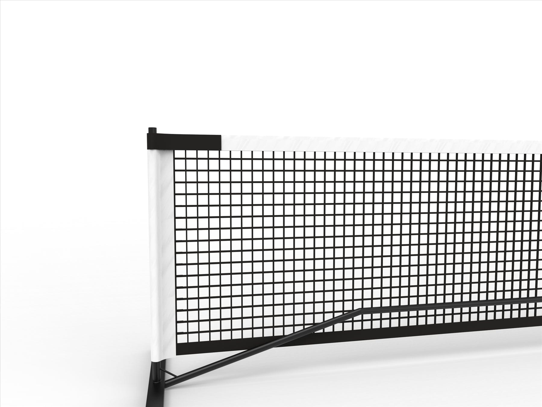 Close-up of the left side and frame of the Pickleball United Driveway 10 Junior Pickleball Net by Pickleball United, shown in black and white against a plain white background.