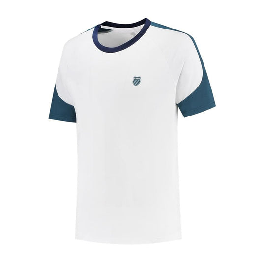 A white K-Swiss Hypercourt Mesh Crew 3 Men's Tennis T-Shirt features Indian Teal accents on the sleeves and neckline. A subtle crest logo enhances the style on the left side of the chest, showcasing athletic apparel excellence.