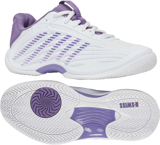 The K-Swiss Hypercourt Express 3 Womens Tennis Shoes in White/Purple Haze/Lunar Rock are shown from the side and bottom, with a textured sole, mesh upper, Surgelite+ midsole, laced front, and "K-SWISS" branding on the sole.
