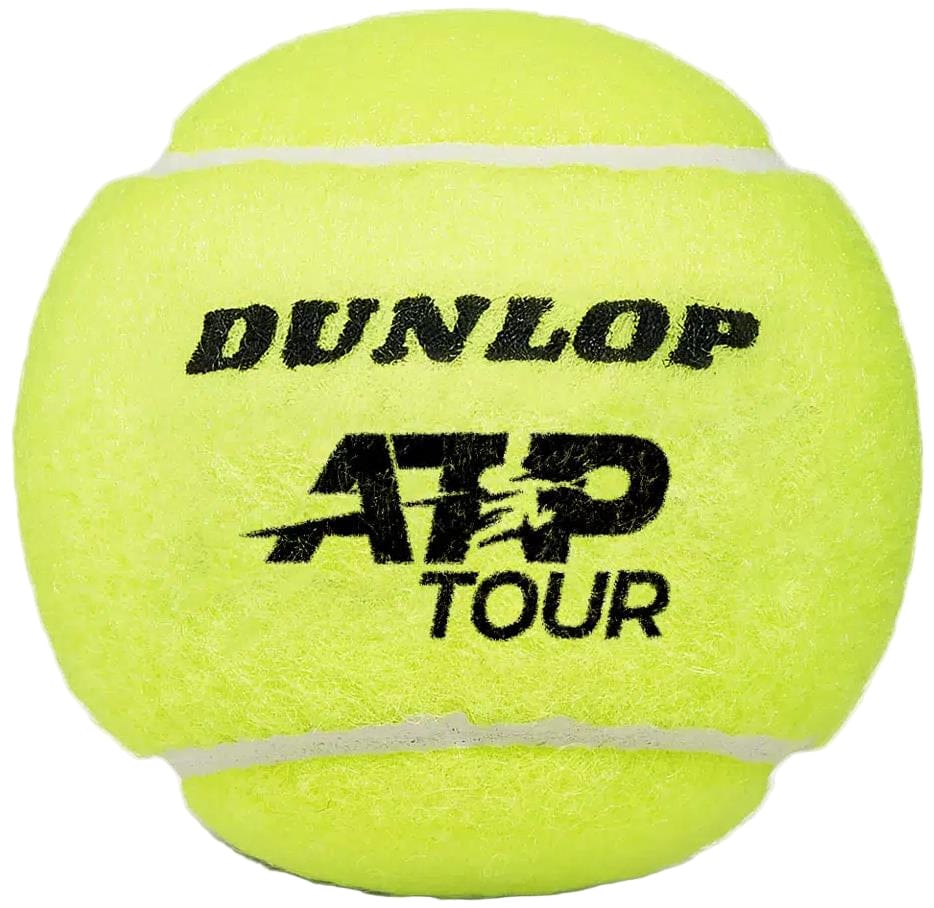 A tube of Dunlop ATP Tour Tennis Balls (4 Ball Tube), featuring bright yellow balls with black "DUNLOP" and "ATP TOUR" logos, designed for tour-level performance, shown against a white background.