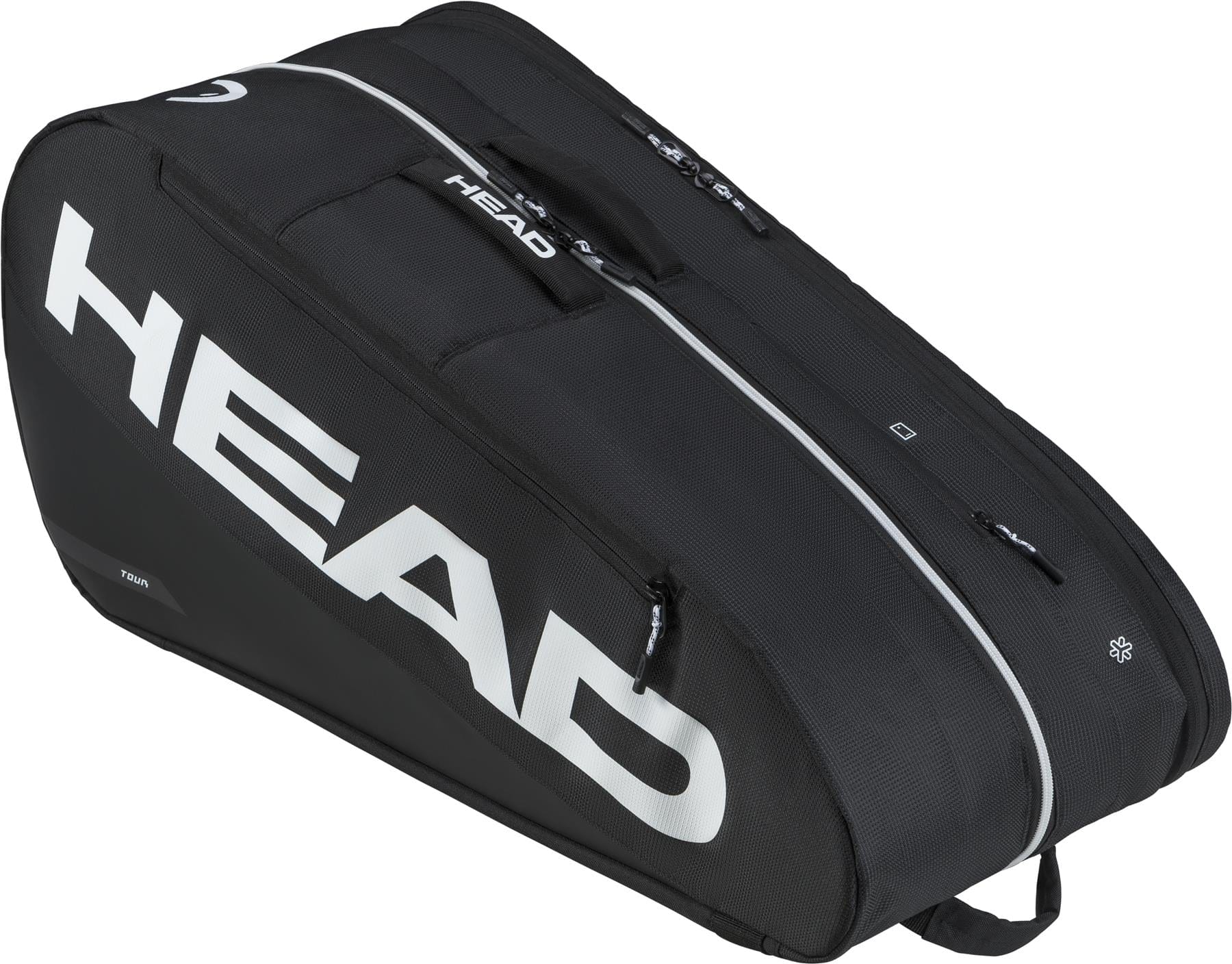 The HEAD Tour 9 Racket Tennis Bag L in black features a white logo, spacious main compartment, zippered side pockets, and sturdy handle—ideal for carrying tennis gear. Brand: HEAD.