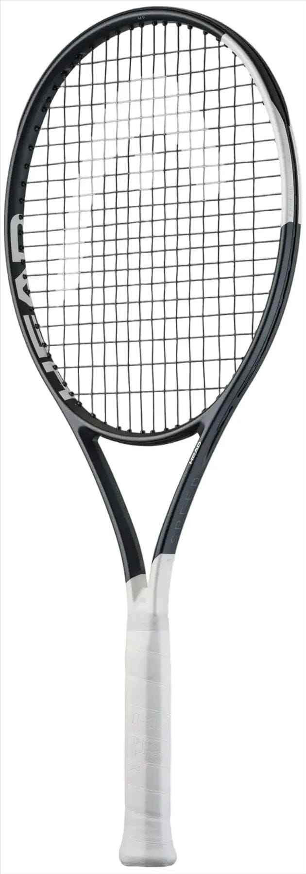 The HEAD Speed MP 2026 Tennis Racket by HEAD features a black and white design with a white grip and is ideal for intermediate and advanced players, displayed on a plain white background.