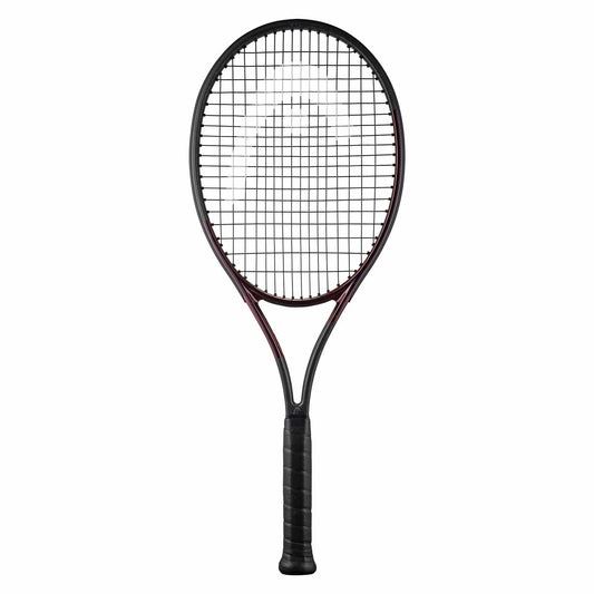 The HEAD Prestige MP L 2023 Tennis Racket - Black exemplifies premium quality and performance with its Auxetic 2.0 technology, grid of strings, and textured grip handle. The sleek black design is elegantly displayed against a plain white background, highlighting the excellence associated with the HEAD brand.