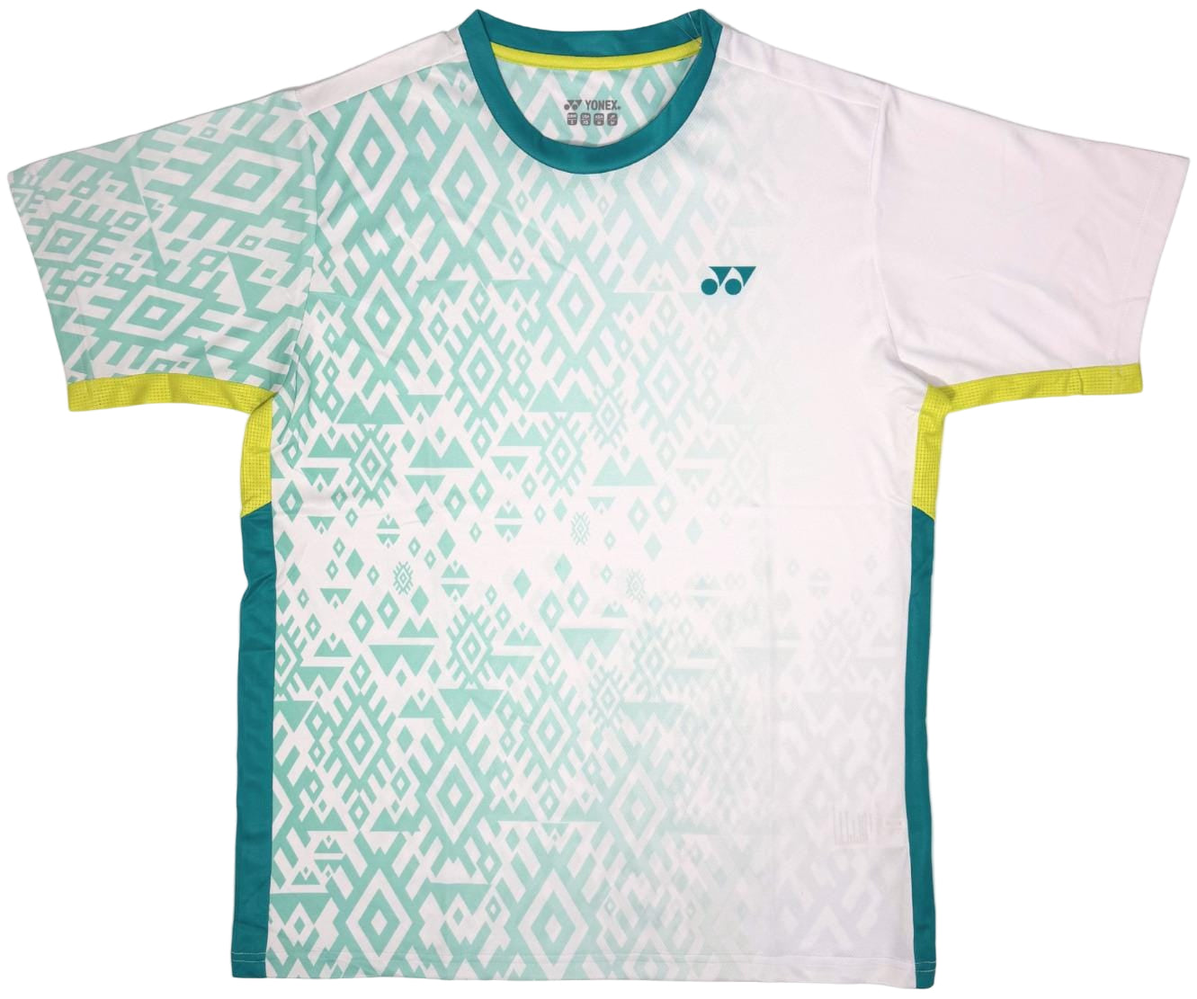The Yonex YTM11 Men's Tennis T-Shirt in white features teal geometric patterns, lime green trim on sleeves and sides, a small left-chest logo, and is made with Air-Release fabric for superior comfort during play.