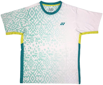 The Yonex YTM11 Men's Tennis T-Shirt in white features teal geometric patterns, lime green trim on sleeves and sides, a small left-chest logo, and is made with Air-Release fabric for superior comfort during play.