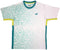 The Yonex YTM11 Men's Tennis T-Shirt in white features teal geometric patterns, lime green trim on sleeves and sides, a small left-chest logo, and is made with Air-Release fabric for superior comfort during play.