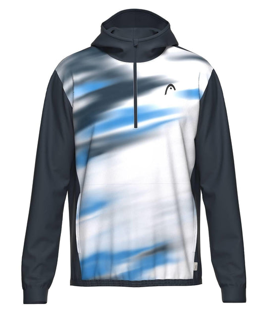 The HEAD Topspin Mens Tennis Hoodie - NVXU by HEAD is made from moisture transfer microfibre, featuring dark sleeves and hood, a white front with abstract blue and gray streaks, and a small logo on the left chest.
