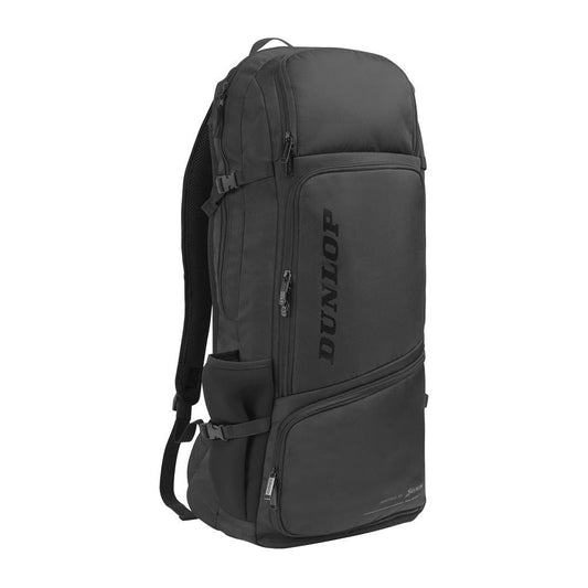 Introducing the Dunlop CX-Performance Long Tennis Backpack in black, a premium design featuring multiple compartments, ergonomic shoulder straps, and a convenient side pocket to efficiently carry your tennis gear.