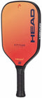 The HEAD Attitude SUPRM Pickleball Paddle features an orange-red gradient face with “ATTITUDE” at the center and bold blue “HEAD” along the side. Its black wrapped handle provides great spin control, perfect for new players.
