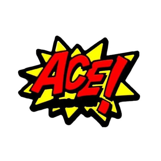 Comic-style text graphic with "ACE!" in bold red, outlined in black over a yellow starburst on white—perfect for highlighting your Babolat Loony Damp Tennis Dampener - Ace by Babolat and its playful vibration reduction.