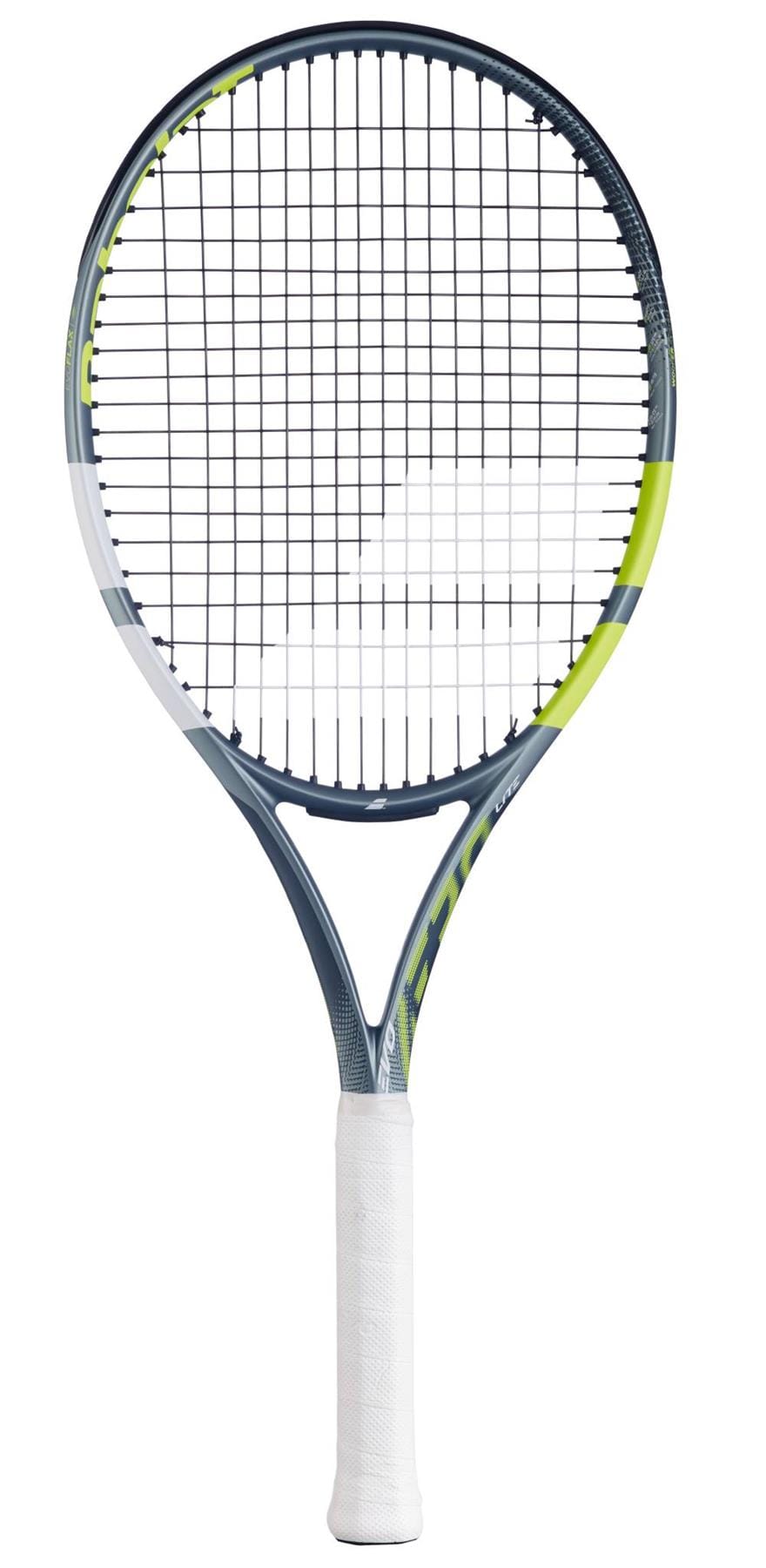 The Babolat Evo Aero Lite 2026 Tennis Racket by Babolat features a black and neon yellow frame, white grip, and black strings. Lightweight and ideal for players seeking speed and control, it's displayed against a plain white background.