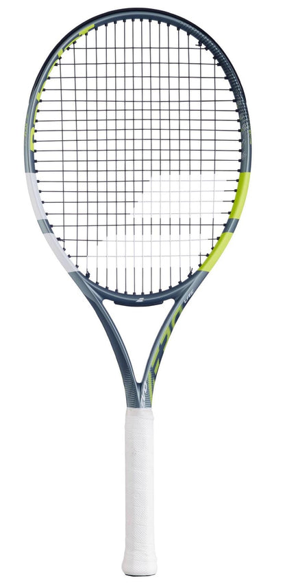 The Babolat Evo Aero Lite 2026 Tennis Racket by Babolat features a black and neon yellow frame, white grip, and black strings. Lightweight and ideal for players seeking speed and control, it's displayed against a plain white background.