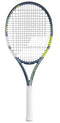 The Babolat Evo Aero Lite 2026 Tennis Racket by Babolat features a black and neon yellow frame, white grip, and black strings. Lightweight and ideal for players seeking speed and control, it's displayed against a plain white background.