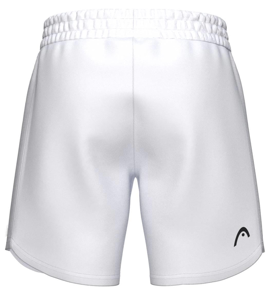 HEAD Power Men’s Tennis Shorts in white, viewed from the back, feature an elastic waistband, a small black HEAD logo on the lower left leg, and moisture-wicking fabric for comfort during activity.