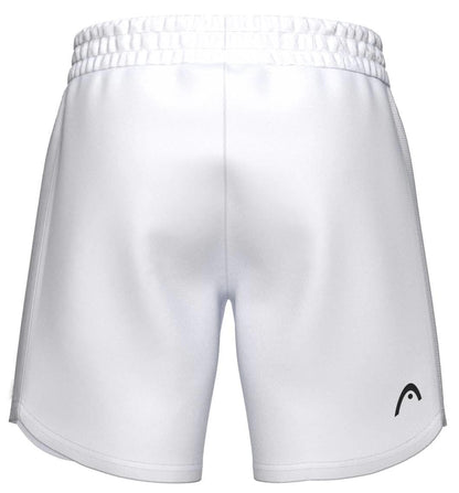 HEAD Power Men’s Tennis Shorts in white, viewed from the back, feature an elastic waistband, a small black HEAD logo on the lower left leg, and moisture-wicking fabric for comfort during activity.