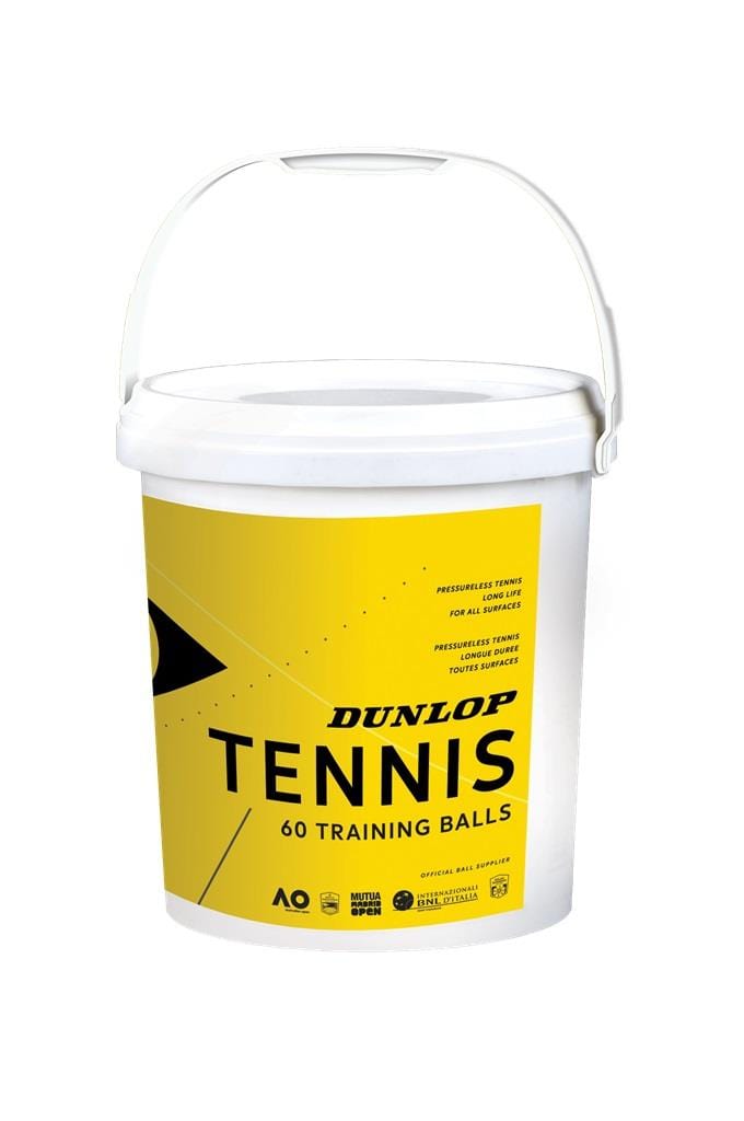 The Dunlop Training Tennis Ball Bucket - 60 Balls features a white plastic bucket with a handle and includes premium training tennis balls. The design is marked by a yellow label displaying a striking black eye graphic, along with ATP and Australian Open logos, indicating their pressureless construction for enhanced durability.